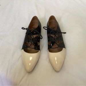 John Fluevog 2-tone off white patent leather toe, black leather heel flats